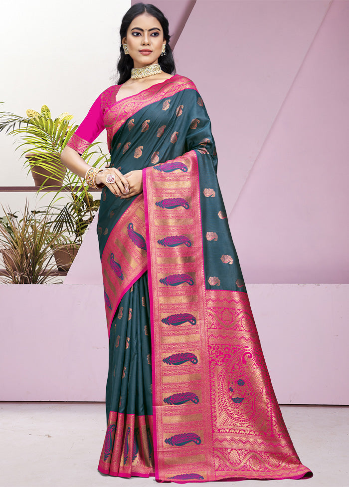 Rama Dupion Silk Saree With Blouse Piece Cheap Sale Online