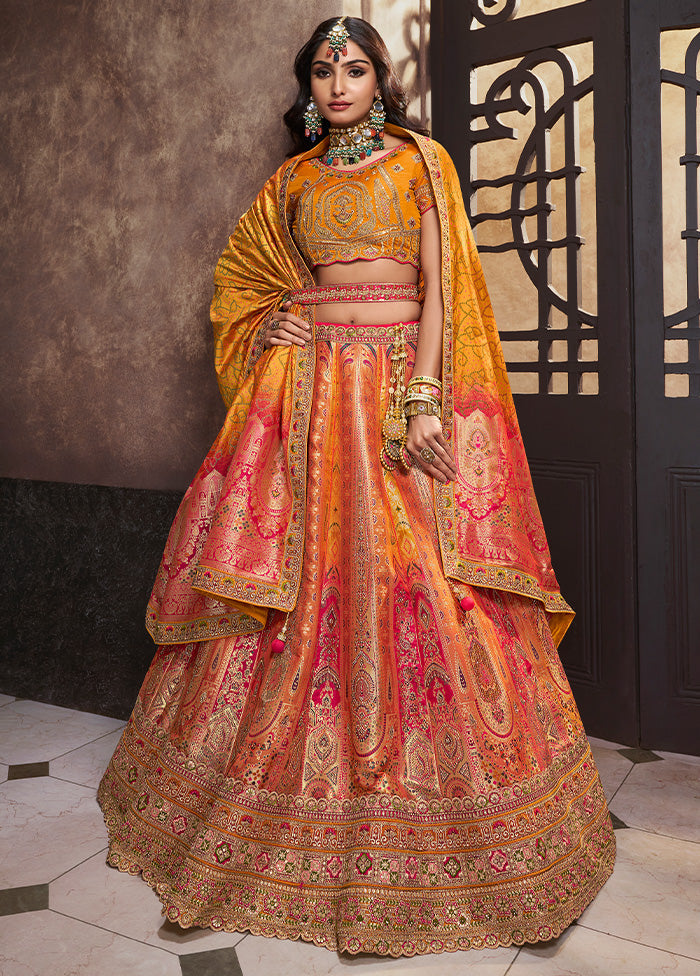 3 Pc Yellow Silk Semi Stitched Lehenga Set Discount Authentic Online