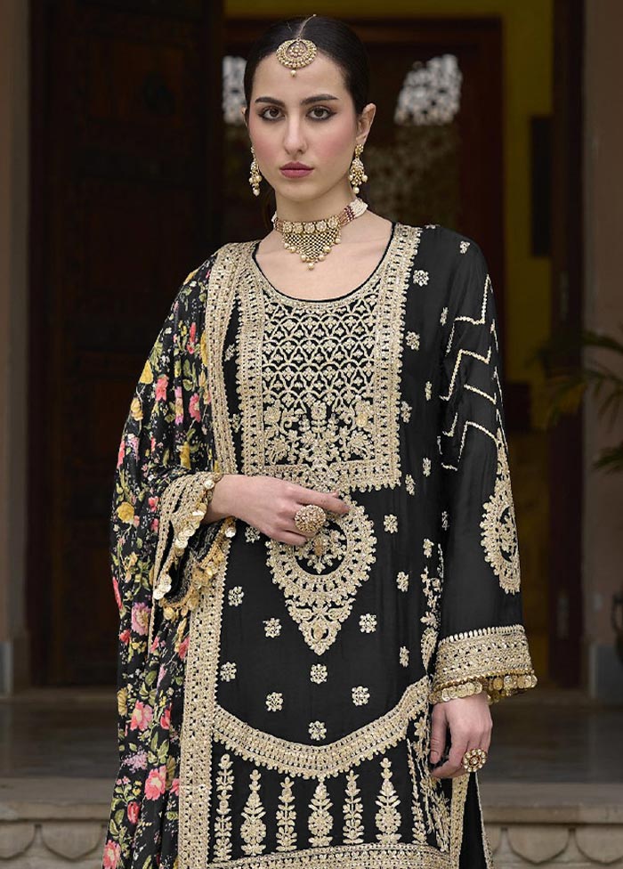 3 Pc Black Semi Stitched Silk Suit Set Free Shipping Online