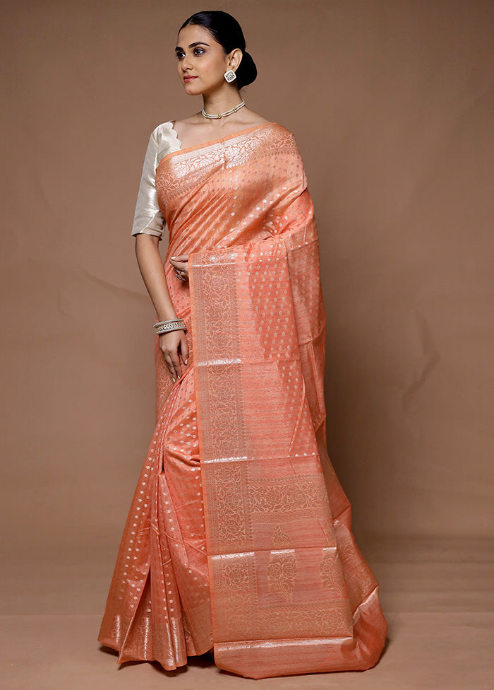 Peach Kora Silk Saree With Blouse Piece Sale Lowest Pice