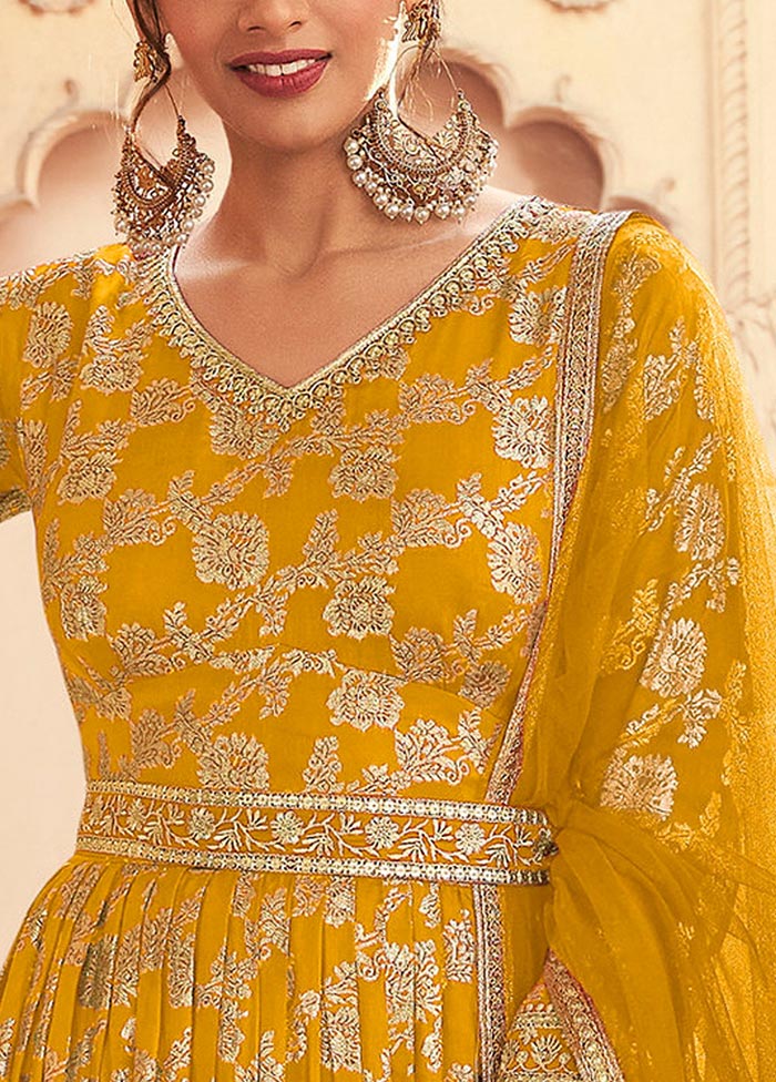 3 Pc Yellow Semi Stitched Silk Suit Set Buy Cheap Authentic