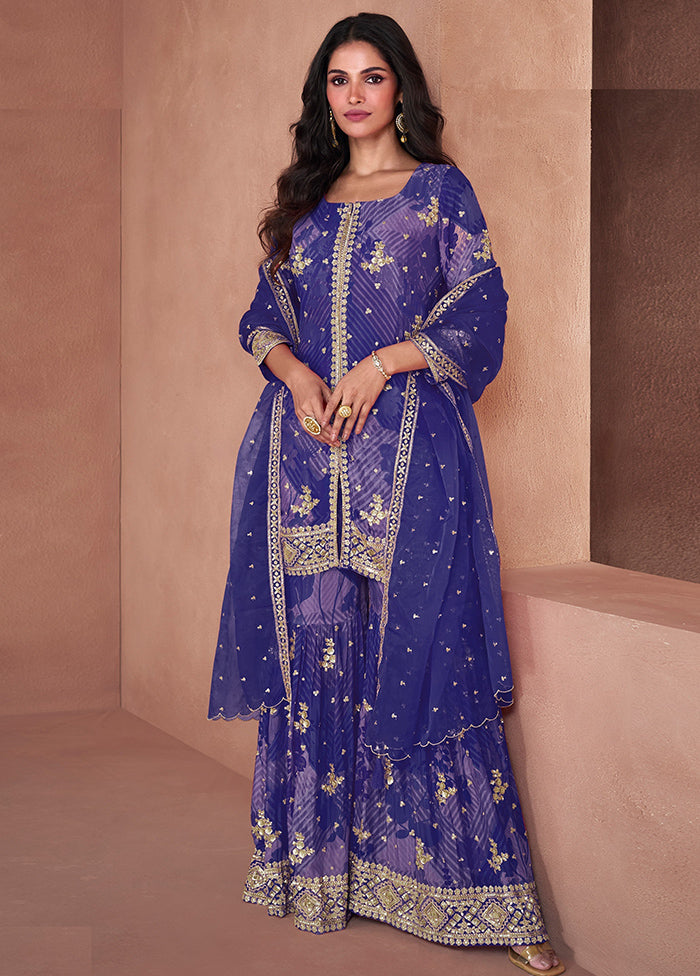 3 Pc Blue Semi Stitched Georgette Suit Set Outlet 100% Original