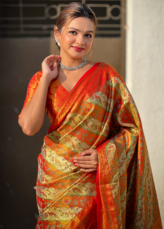 Orange Dupion Silk Saree With Blouse Piece Release Dates Sale Online