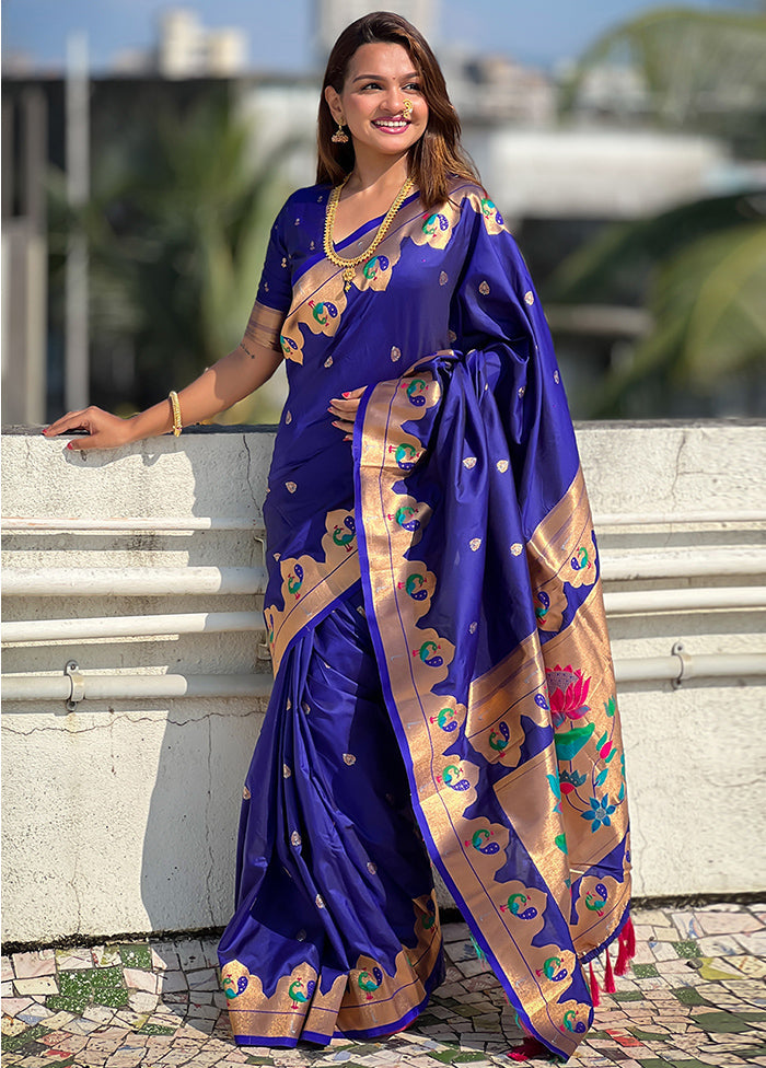 Blue Spun Silk Saree With Blouse Piece Sale Authentic