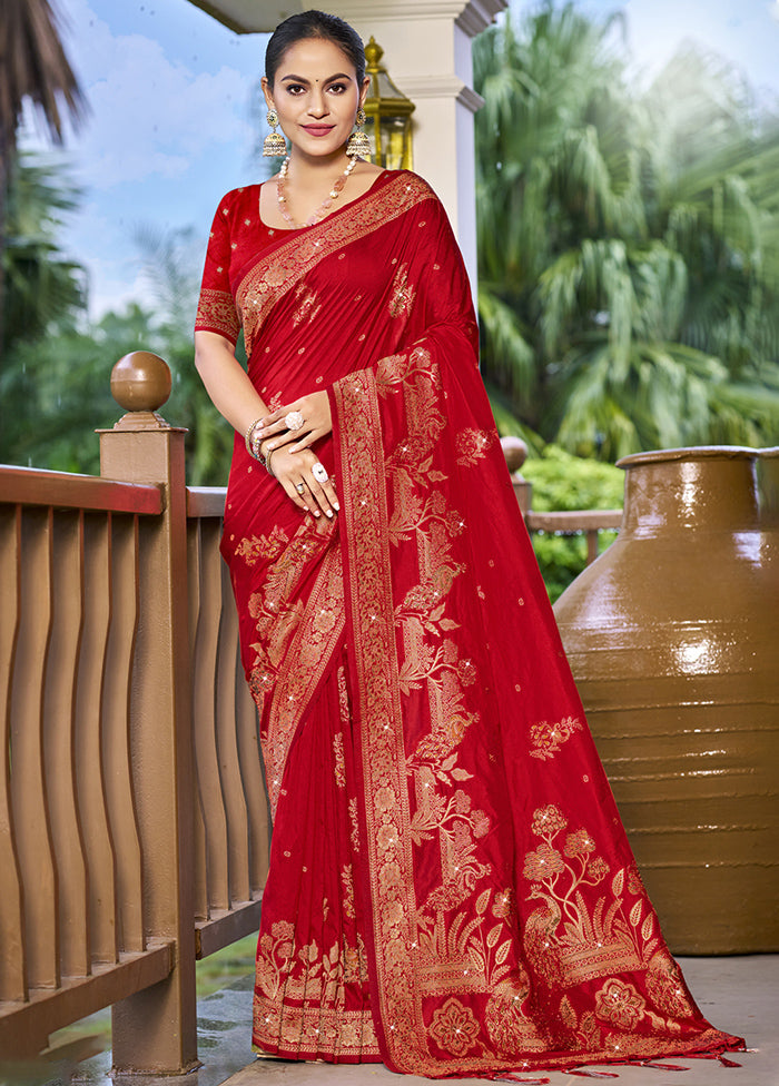 Red Dupion Silk Saree With Blouse Piece Free Shipping Best