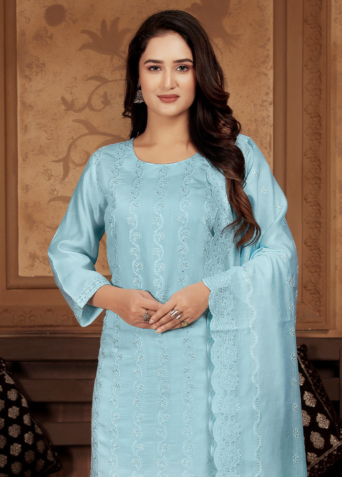 3 Pc Blue Readymade Chanderi Suit Set Buy Cheap With Paypal