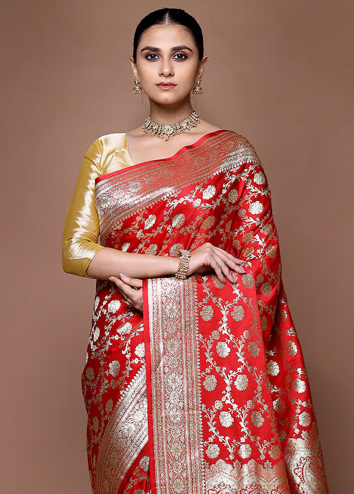 Red Banarasi Silk Saree With Blouse Piece Clearance Reliable