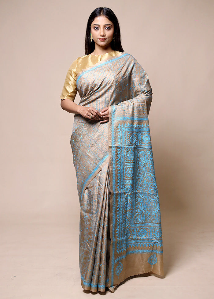 Cream Handloom Kantha Stitch Pure Silk Saree With Blouse Piece Buy Cheap Discounts