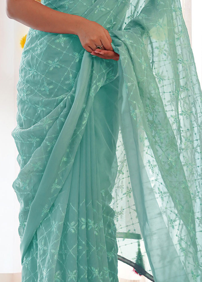 Sea Green Satin Silk Saree With Blouse Piece Cheap Low Pice