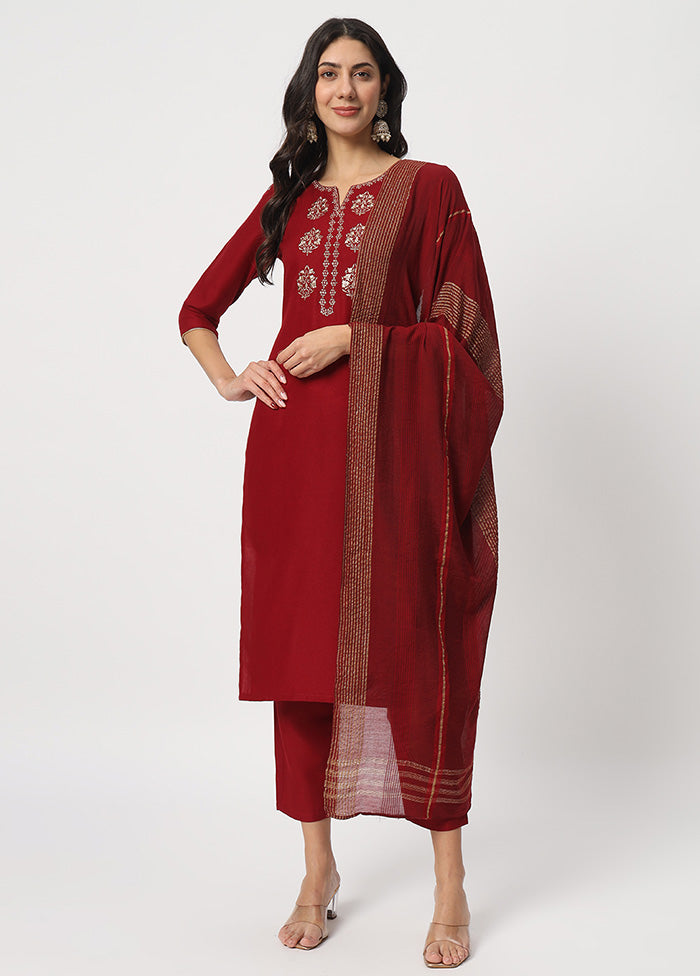 3 Pc Maroon Readymade Cotton Dupatta Suit Set Free Shipping Cheap Online