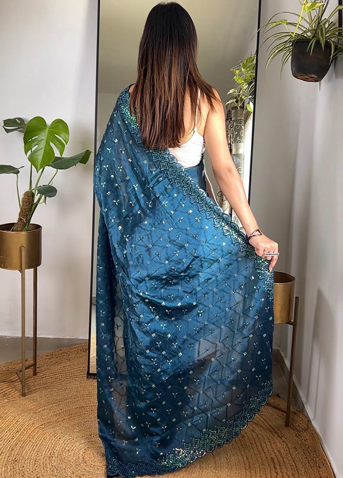 Teal Spun Silk Saree With Blouse Piece Cheap Sale Looking For