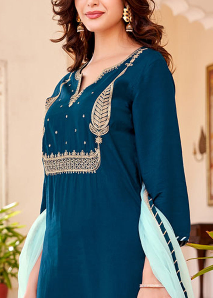 3 Pc Blue Readymade Silk Suit Set Big Discount Cheap Pice