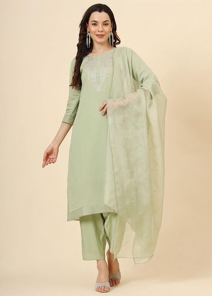 3 Pc Pista Green Readymade Silk Suit Set Best Pices Online