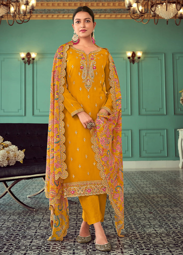 3 Pc Mustard Semi Stitched Georgette Suit Set Discount 2025 Newest