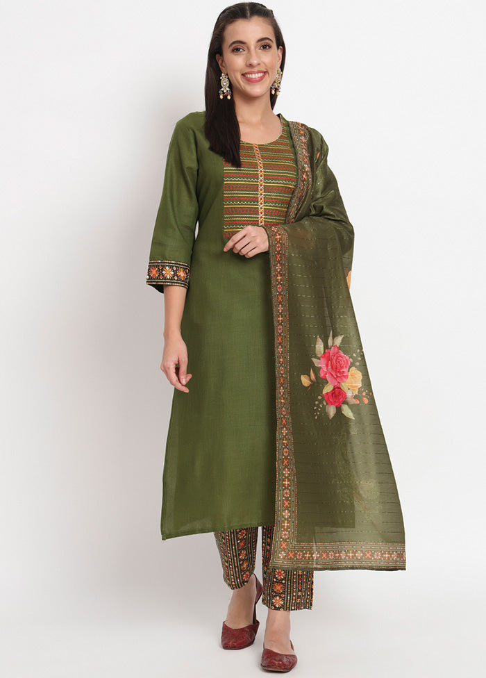 3 Pc Green Readymade Cotton Dupatta Suit Set Sale Fashion