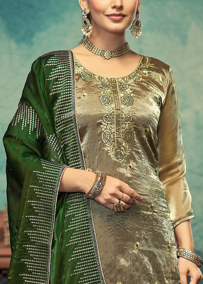 3 Pc Green Semi Stitched Silk Dupatta Suit Set Discount 2025