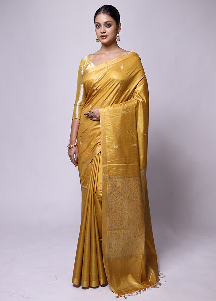 Yellow Handloom Tussar Pure Silk Saree With Blouse Piece View