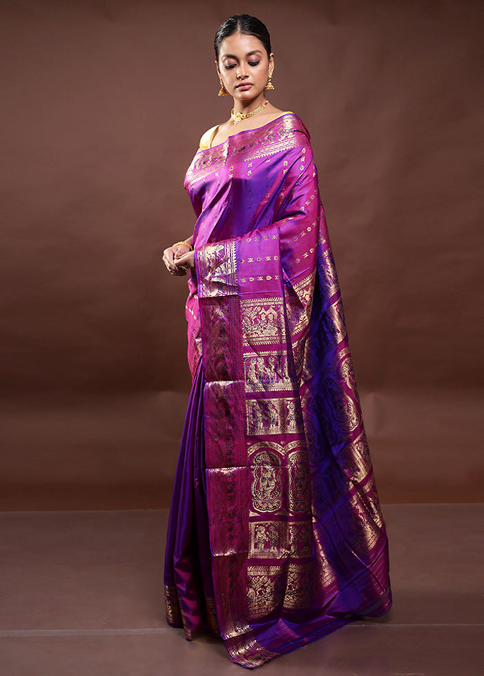 Purple Handloom Baluchari Pure Silk Saree With Blouse Piece For Nice For Sale