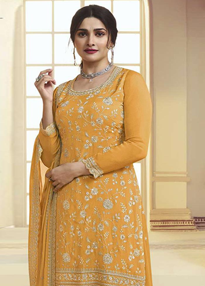 3 Pc Mustard Semi Stitched Silk Suit Set Sale Get To Buy