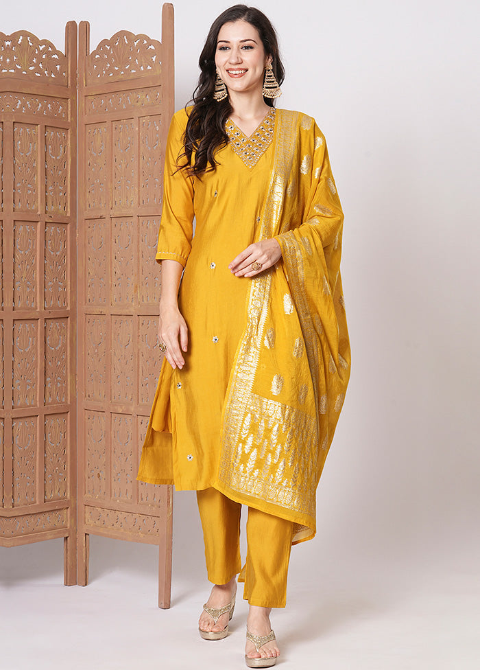 3 Pc Yellow Readymade Chanderi Dupatta Suit Set 2025 New Cheap Pice