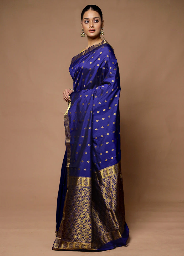 Blue Kanjivaram Silk Saree With Blouse Piece Discount For Sale