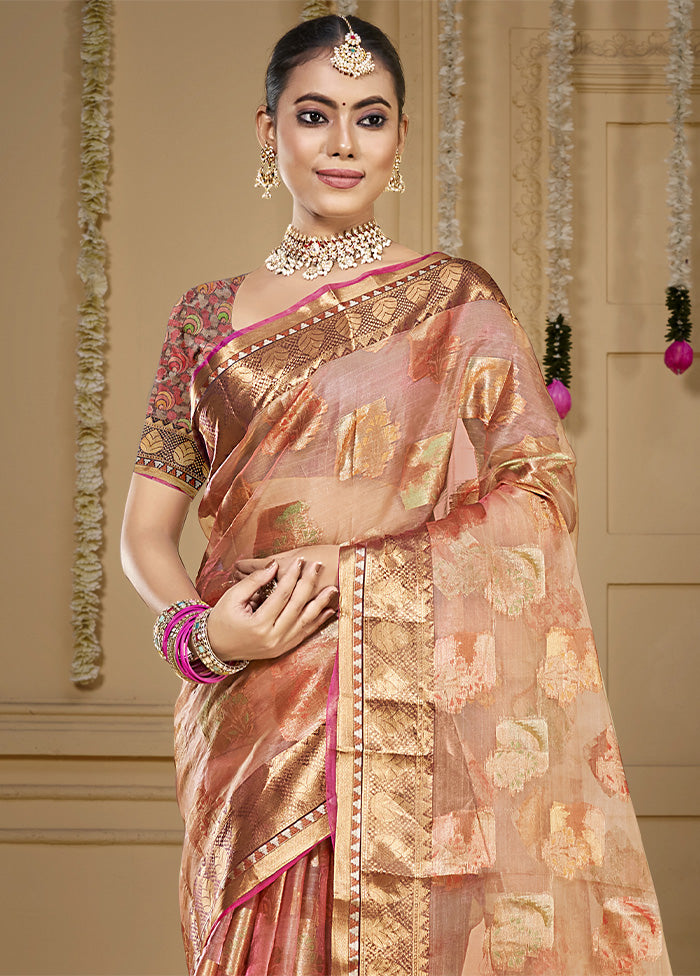 Peach Organza Saree With Blouse Piece Outlet Footlocker Finishline