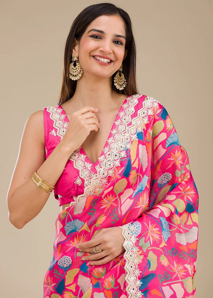 Pink Georgette Saree With Blouse Piece Cheap Visa Payment