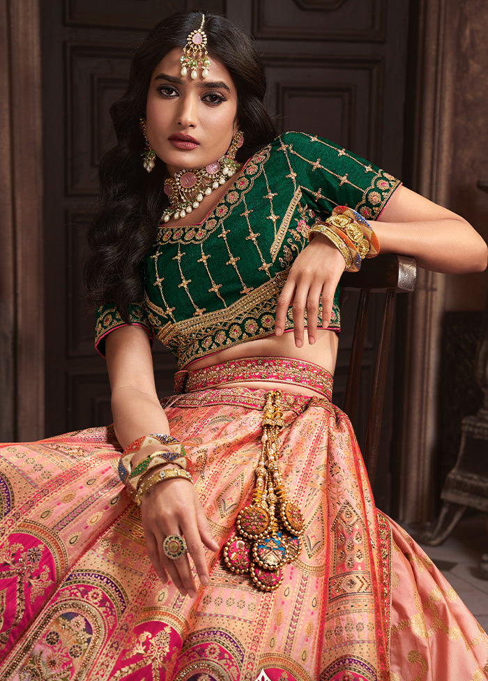 3 Pc Peach Silk Semi Stitched Lehenga Set Latest Cheap Online