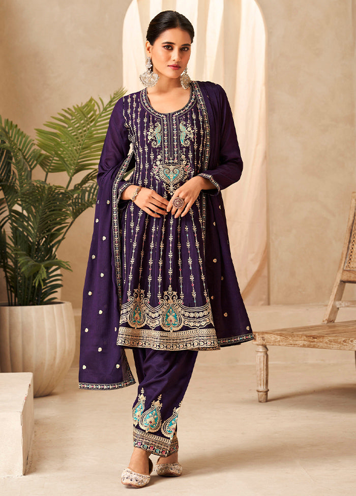 3 Pc Purple Unstitched Silk Suit Set Sale For Cheap