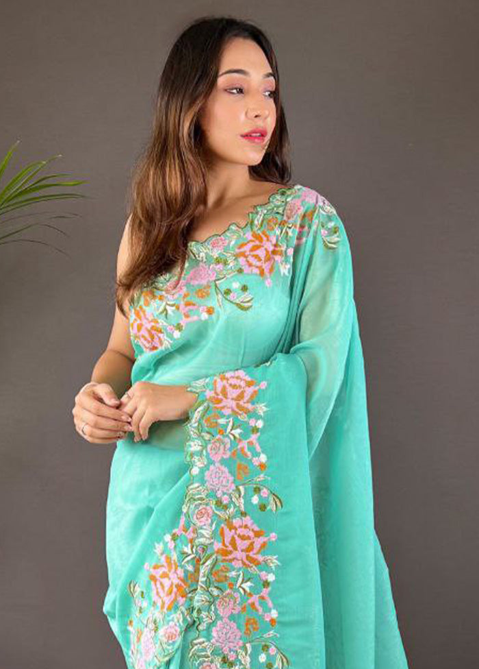 Sea Green Spun Silk Saree With Blouse Piece Discount Cheapest