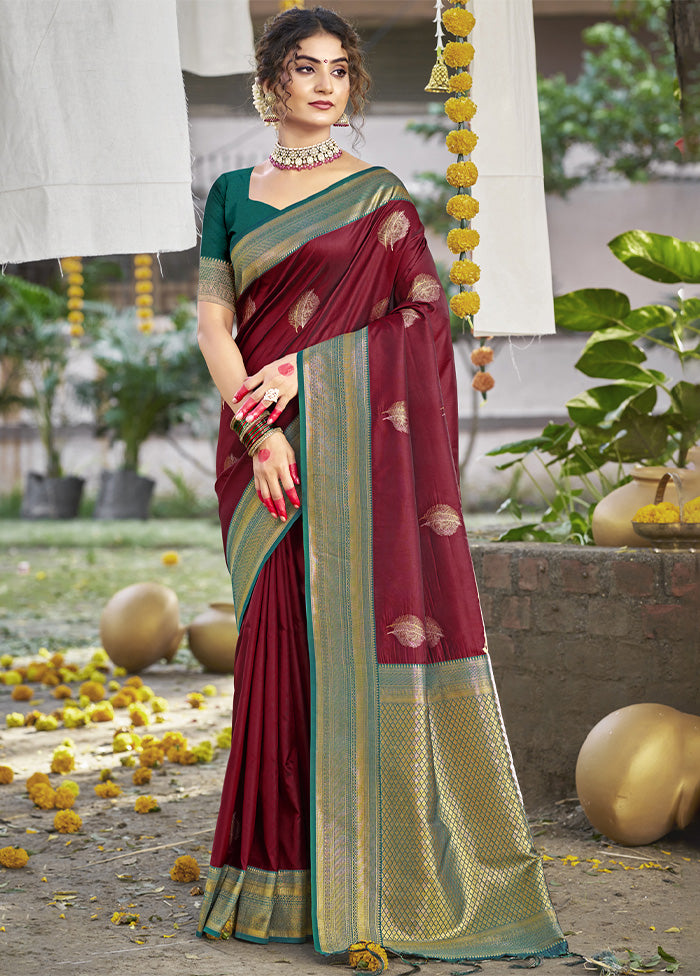 Maroon Dupion Silk Saree With Blouse Piece Cheap Sale Genuine