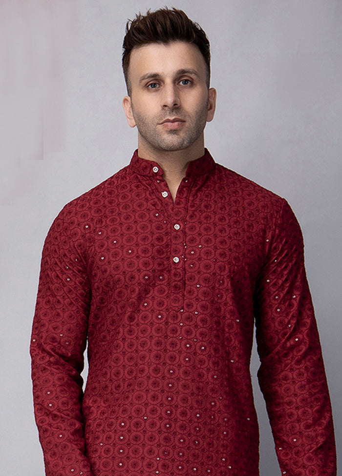 Maroon Viscose Embroidered Knee Length Kurta Cheap Sale Really