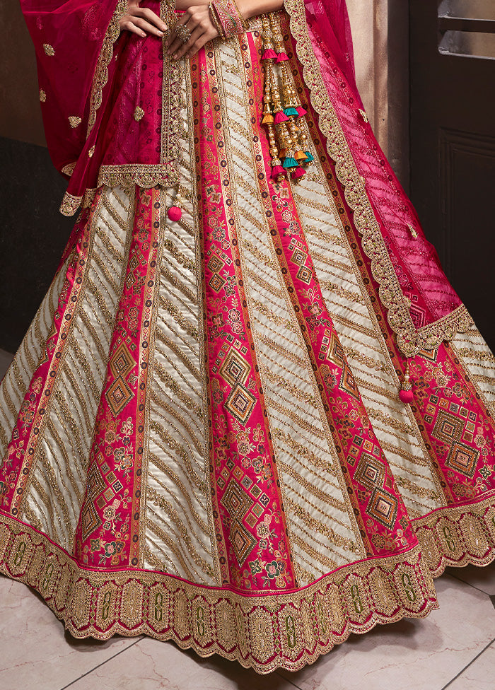 3 Pc White Silk Semi Stitched Lehenga Set Discount Fashion Style