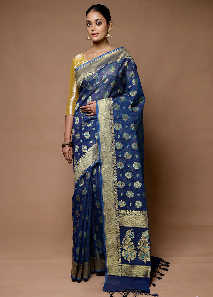 Blue Kora Silk Saree With Blouse Piece Outlet Best Pices