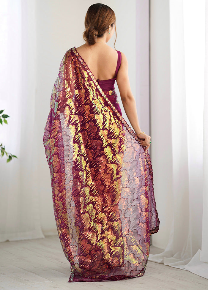 Wine Net Net Saree With Blouse Piece Sale Professional