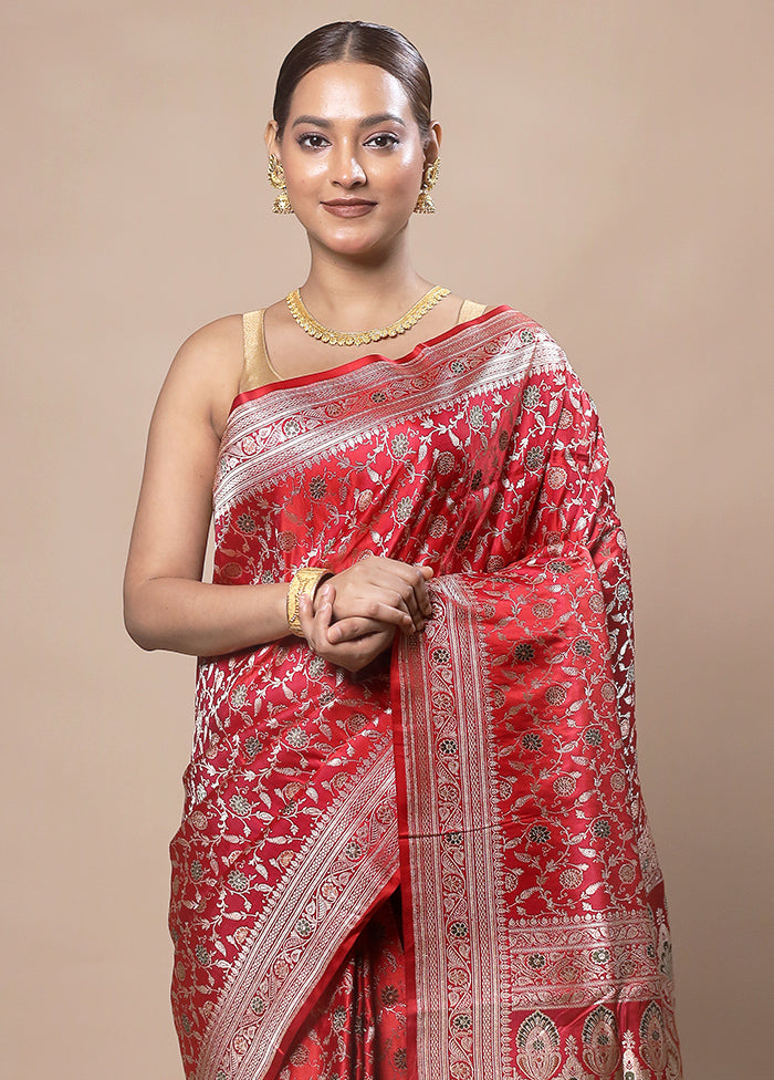 Red Handloom Banarasi Pure Silk Saree With Blouse Piece Free Shipping Official