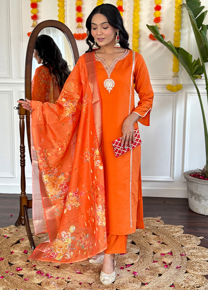 3 Pc Orange Readymade Viscose Dupatta Suit Set Buy Cheap Clearance