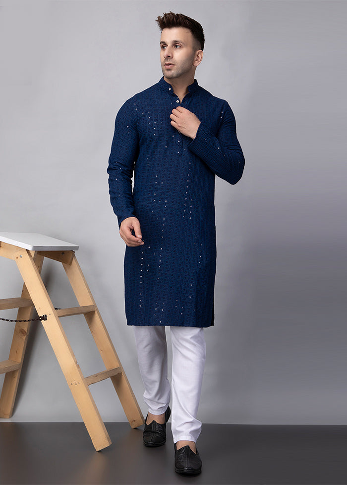 2 Pc Navy Blue Viscose Kurta Pajama Set Sale Clearance