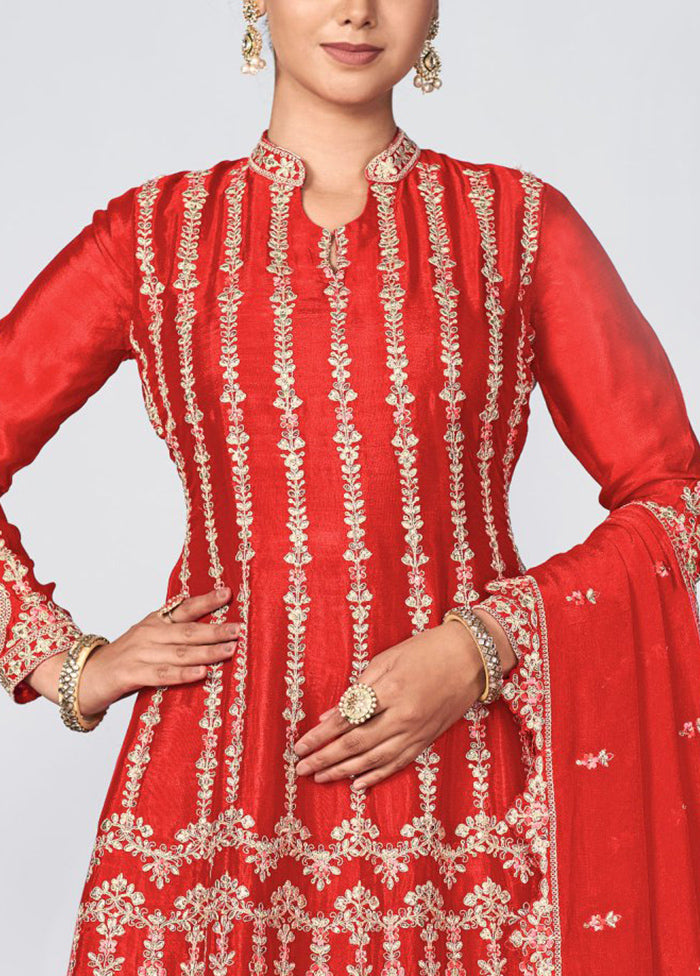 3 Pc Red Semi Stitched Silk Suit Set Sale Genuine