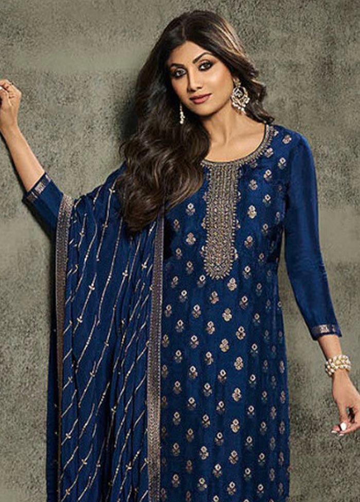 3 Pc Navy Blue Semi Stitched Viscose Suit Set Cheap Sale Footlocker Pictures