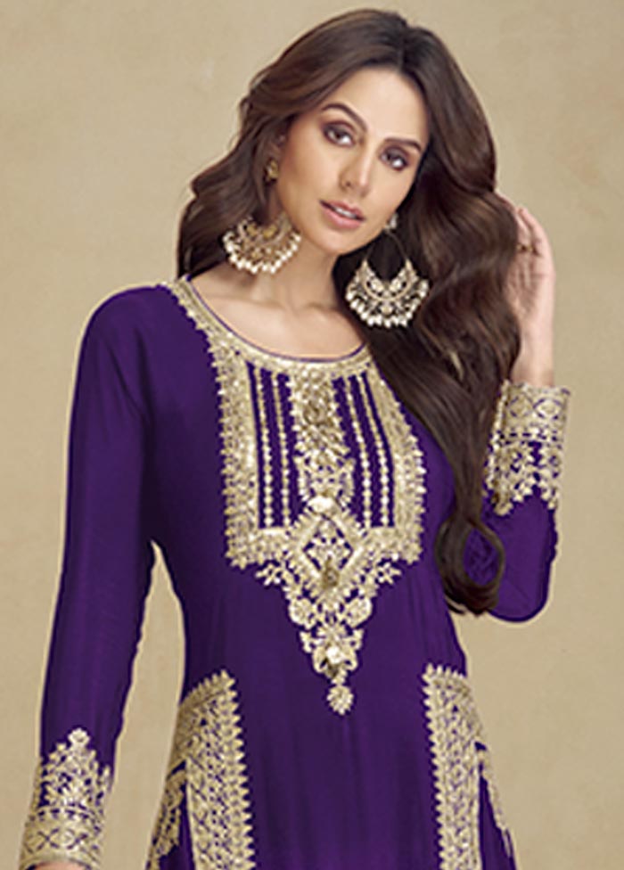 3 Pc Purple Semi Stitched Georgette Suit Set Sast Online