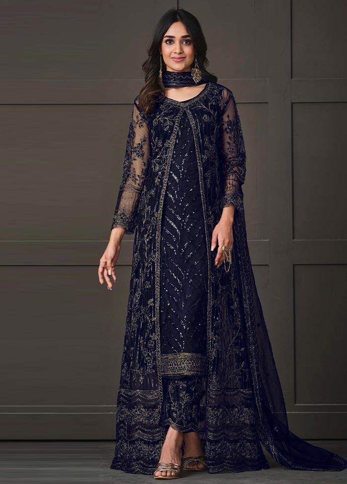 3 Pc Blue Semi Stitched Net Suit Set For Sale For Sale