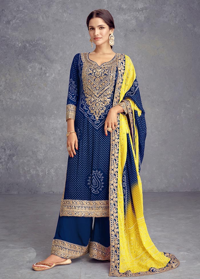 3 Pc Blue Semi Stitched Silk Suit Set Free Shipping Wholesale Pice