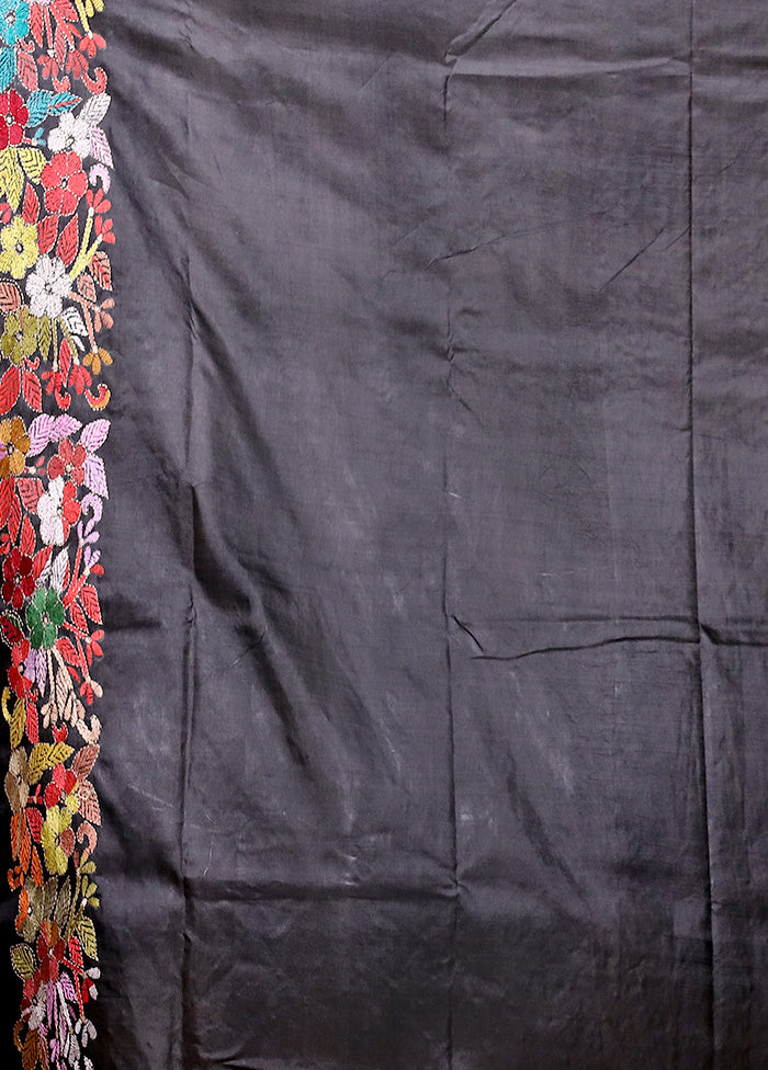 Black Handloom Kantha Stitch Pure Silk Saree With Blouse Piece Cheap Sale Geniue Stockist