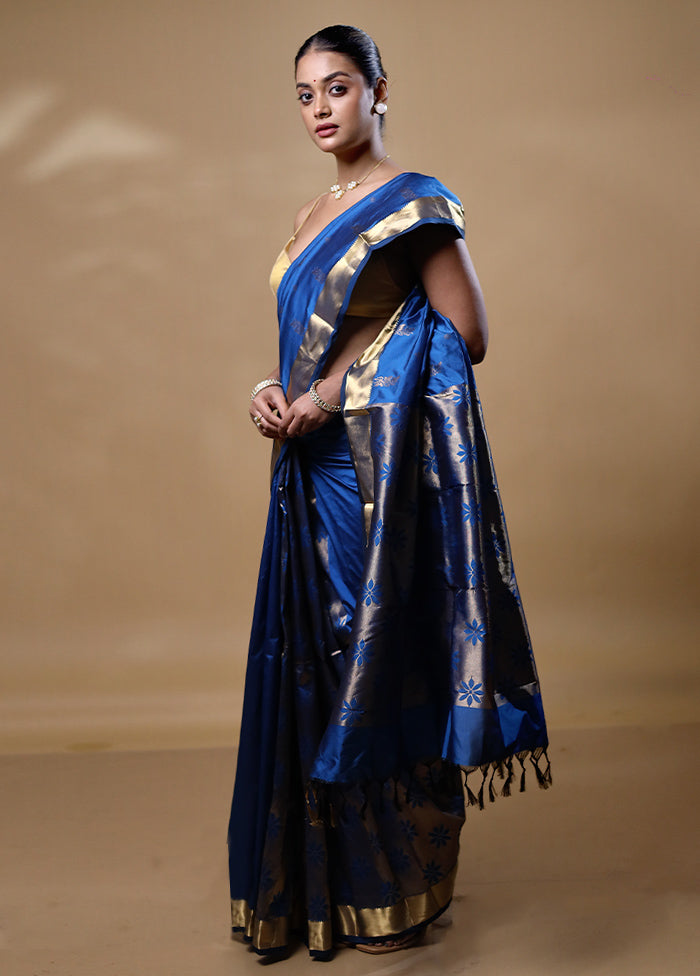 Blue Kanjivaram Silk Saree With Blouse Piece Free Shipping Big Sale