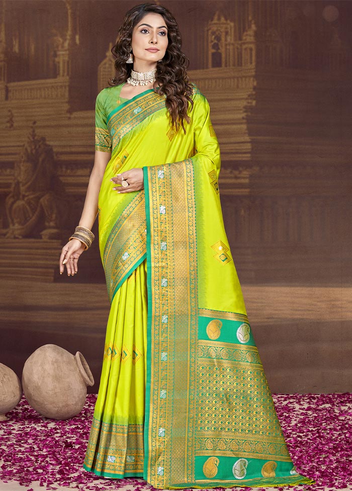 Parrot Green Dupion Silk Saree With Blouse Piece Cheap Sale Buy