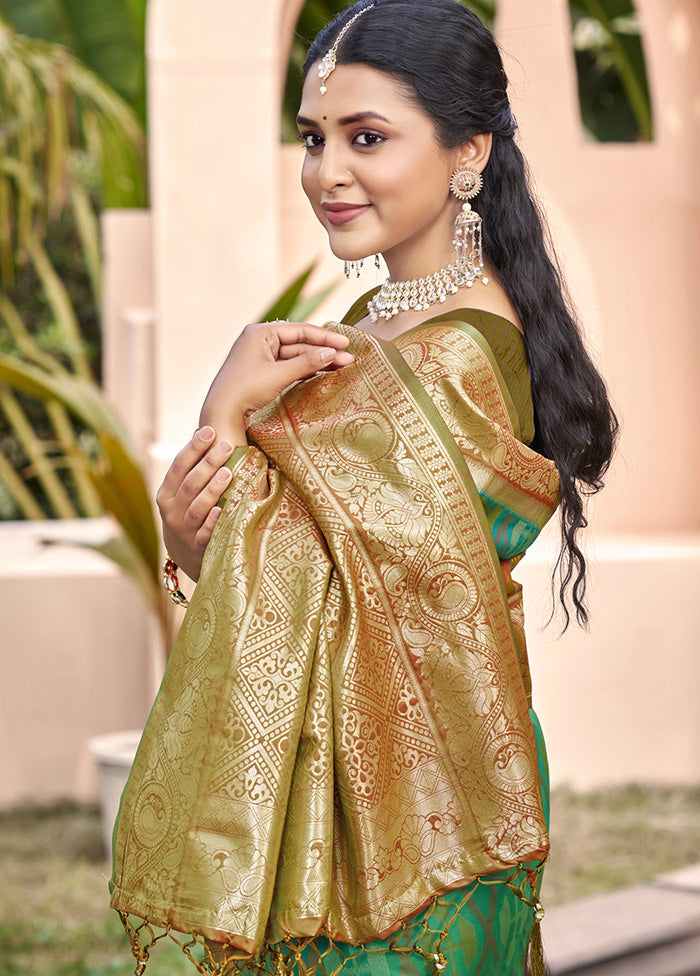 Rama Green Spun Silk Saree With Blouse Piece Cheap Sale From China