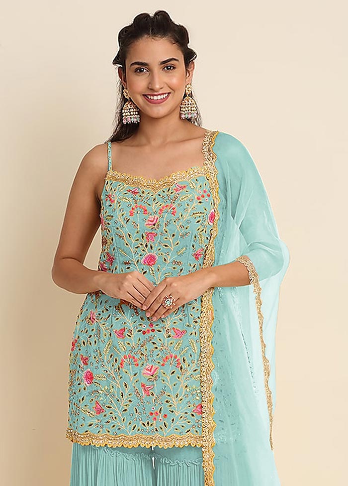 3 Pc Sky Blue Semi Stitched Georgette Suit Set Sale Top Quality