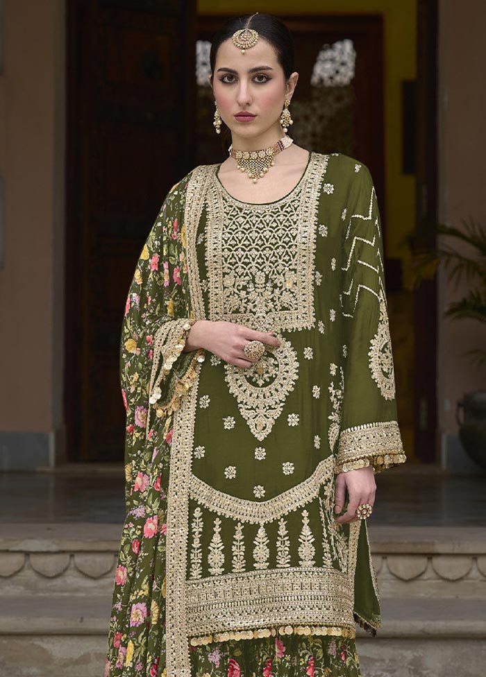 3 Pc Olive Green Semi Stitched Silk Suit Set Good Selling Online