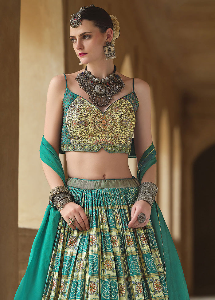 3 Pc Sea Green Silk Semi Stitched Lehenga Set Sale Good Selling